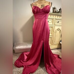 Brand New Magenta/Wine Satin Evening Gown